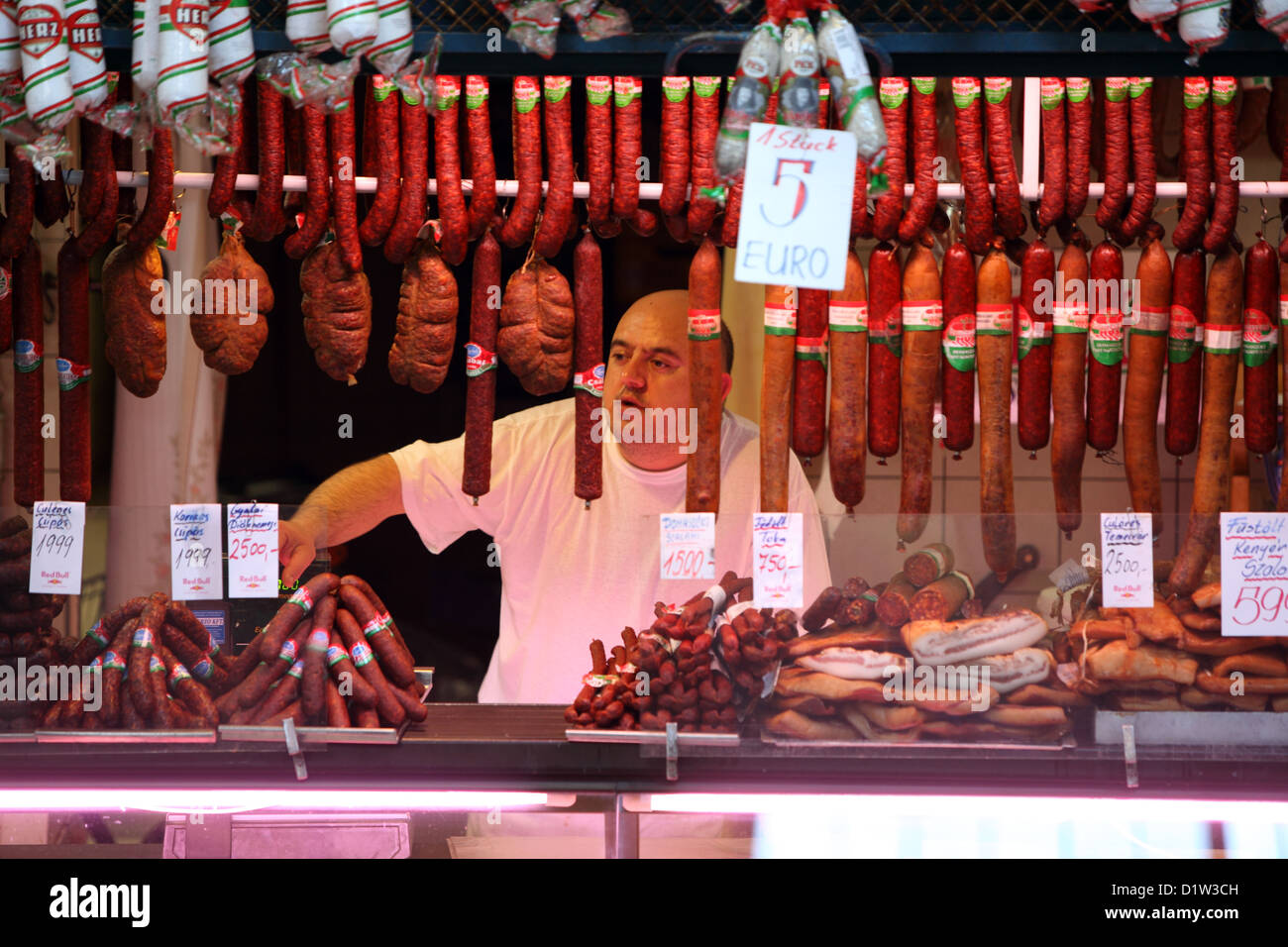 Budapest, Hungary, butcher waiting for customers Stock Photo