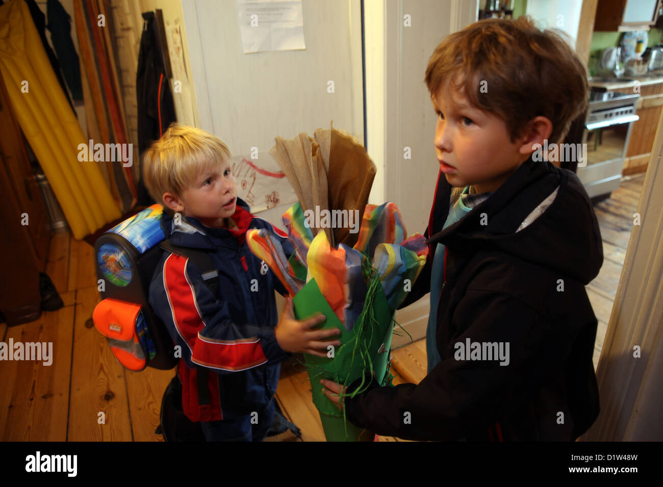 Berlin, Germany, boy with his little brother at whose first day at school Stock Photo