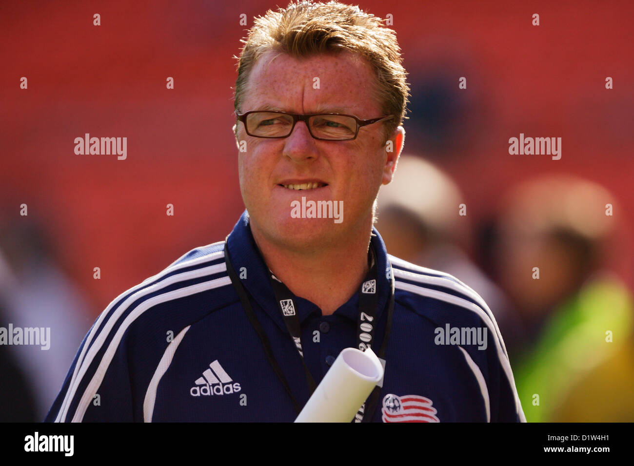 New England Revolution head coach Steve Nicol leaves the field after team warmups before the MLS CUP championship soccer match. Stock Photo