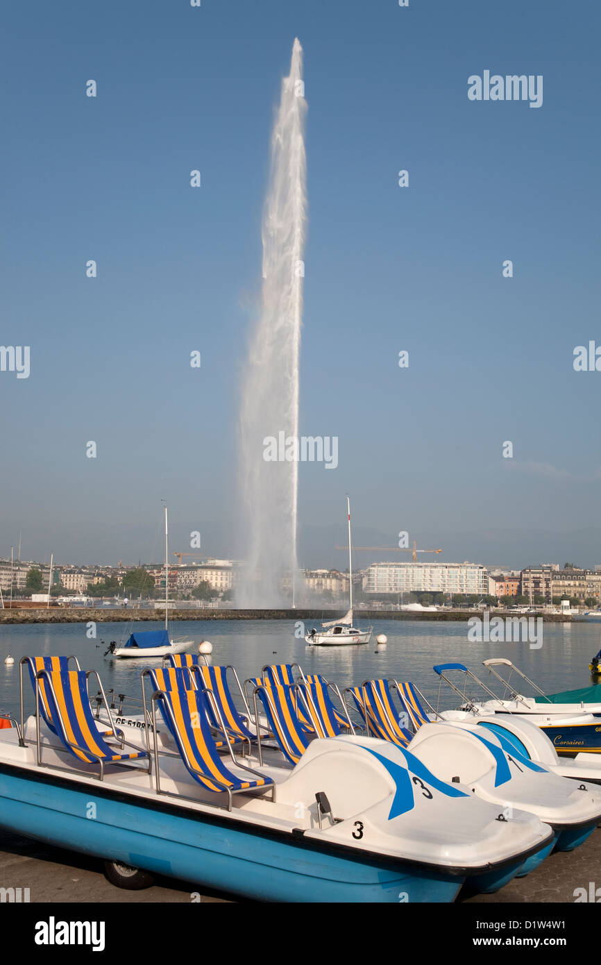 Jet D'Eau Fountain and Paddle Boat, Geneva, Switzerland, Europe Stock