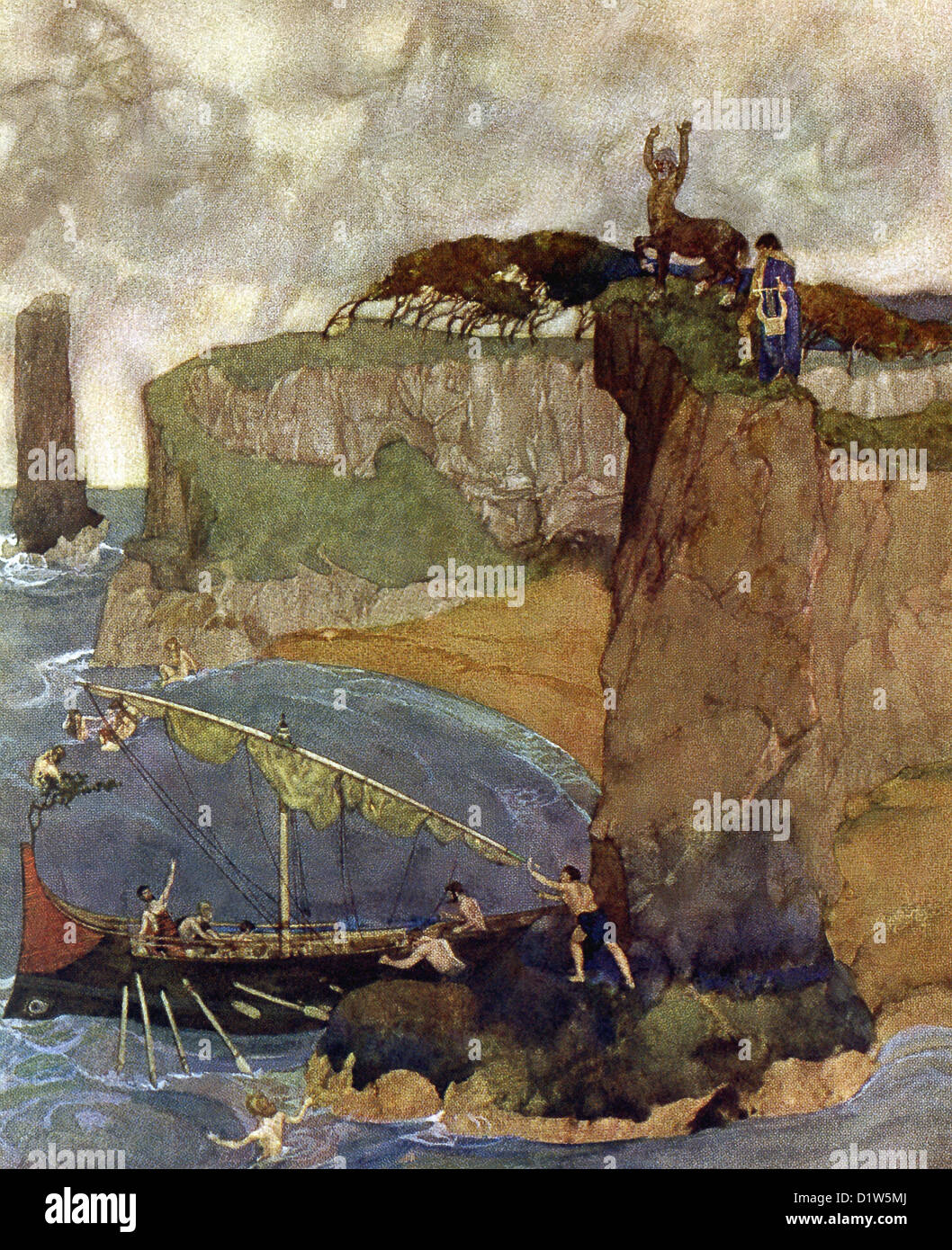 Chiron stands at the top of a cliff with Achilles holding a lyre. Below the Argonauts are preparing to leave for Colchis. Stock Photo
