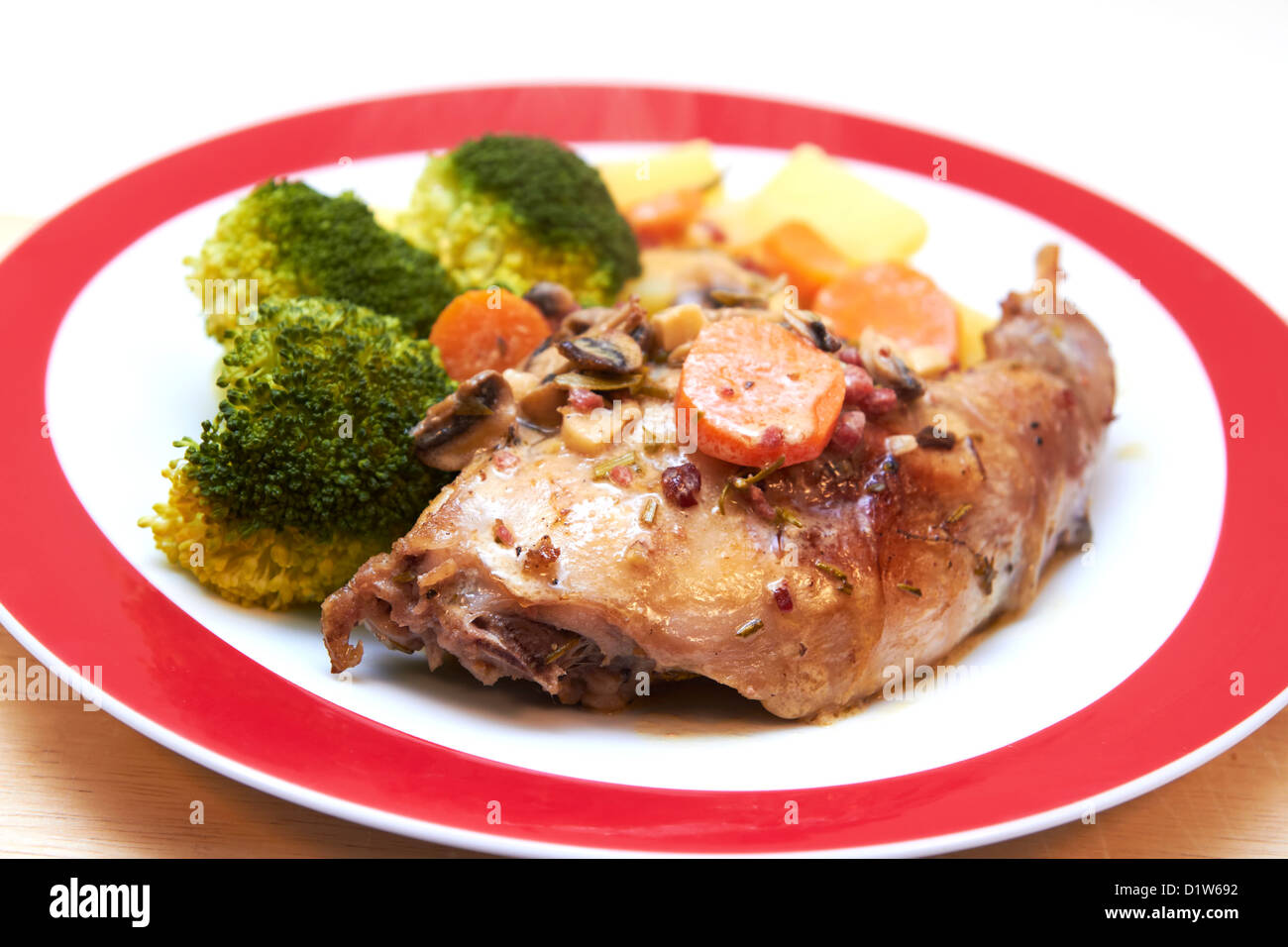 Braised rabbit with potatoes and broccoli on a plate Stock Photo