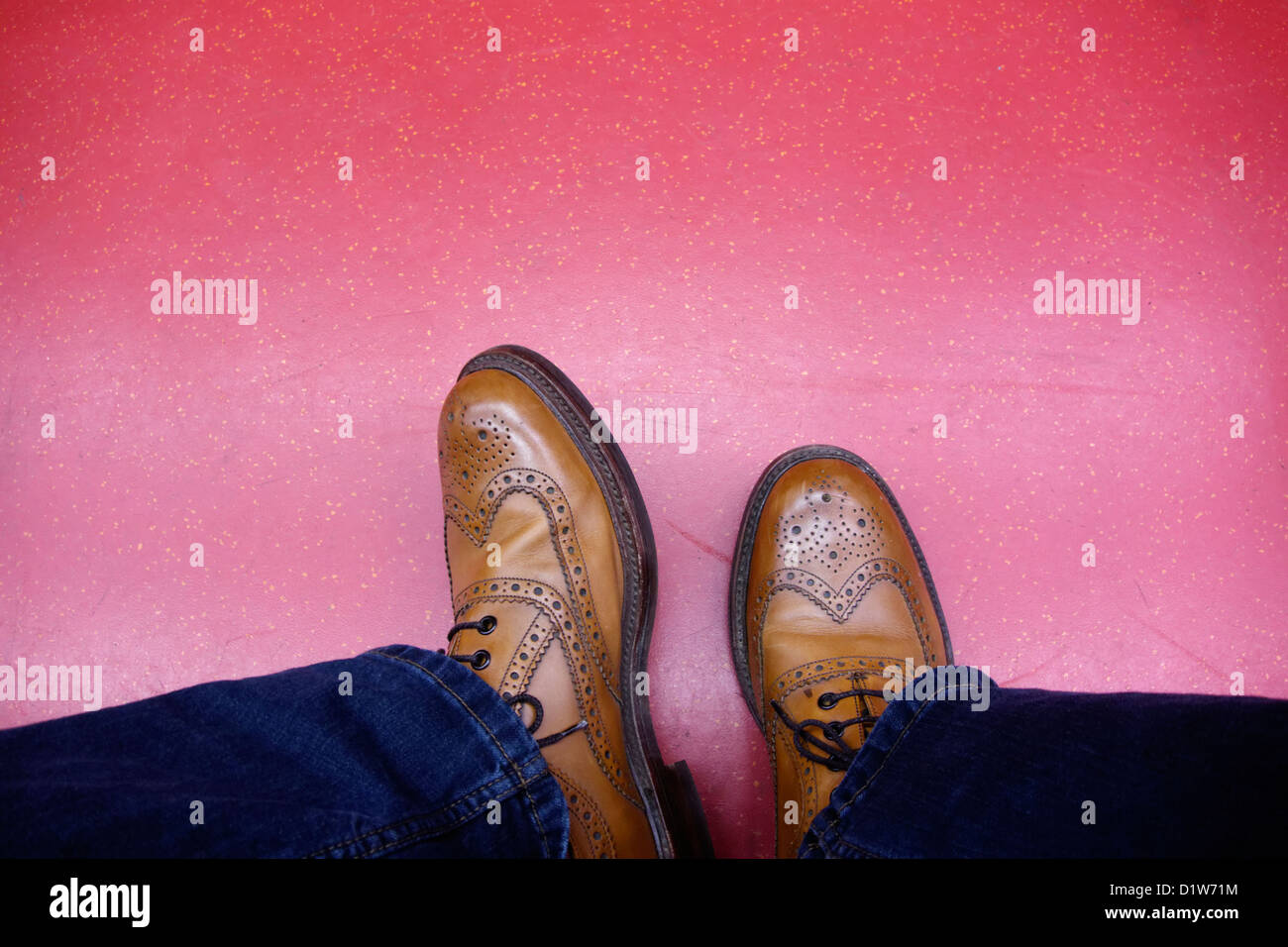 shoes man dress jeans wingtip oxford tan leather 'looking down' step concept mens Stock Photo