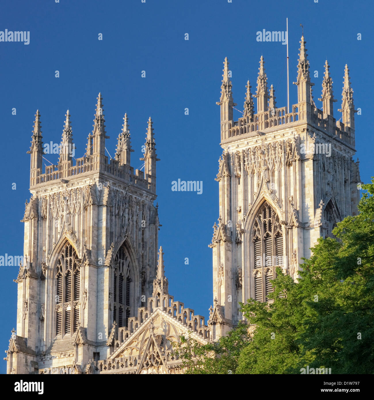 Square format image of York Minster bell towers photographed in spring