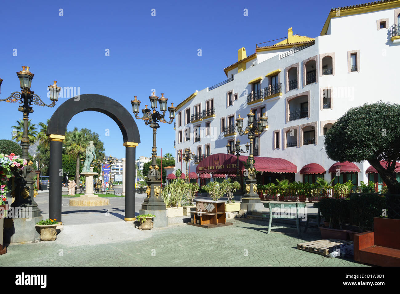 Spain, Andalucia - Puerto Banus, Marbella, Costa del Sol. Benabola bay development (Arab Village). Hotel Park Plaza Suites. Stock Photo