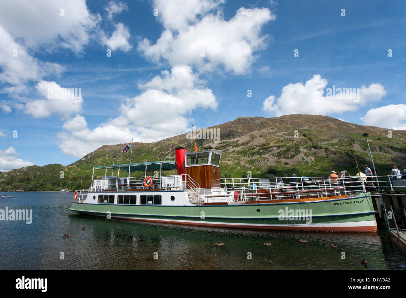 Ullswater steamer Western Belle at Glenridding Pier, Ullswater, The English Lake District, Cumbria, England Stock Photo