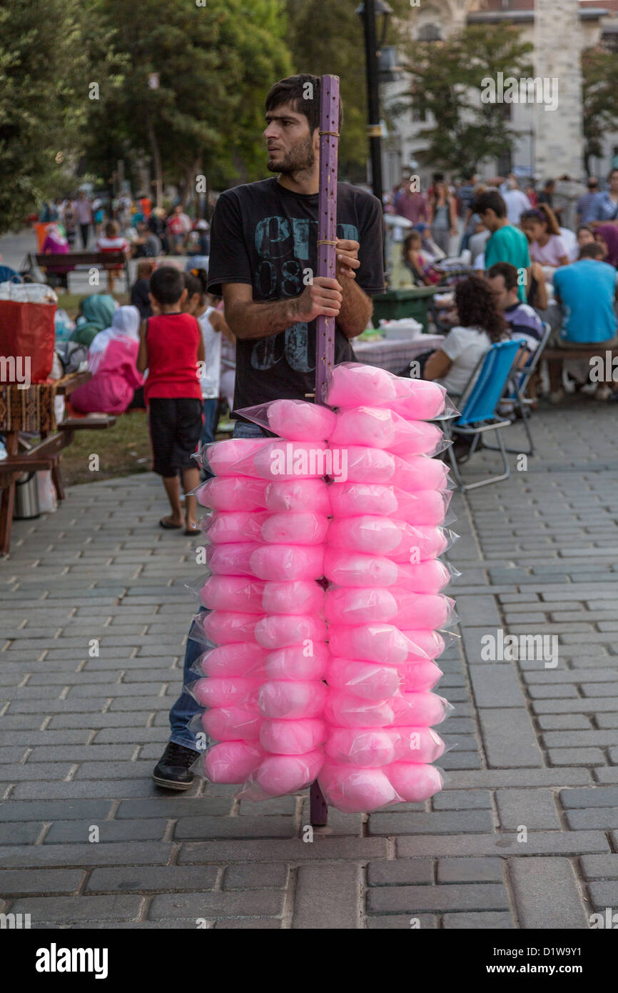 Seller of cotton candy floss, Sultan Ahmet Maydan, Istanbul, Turkey Stock Photo
