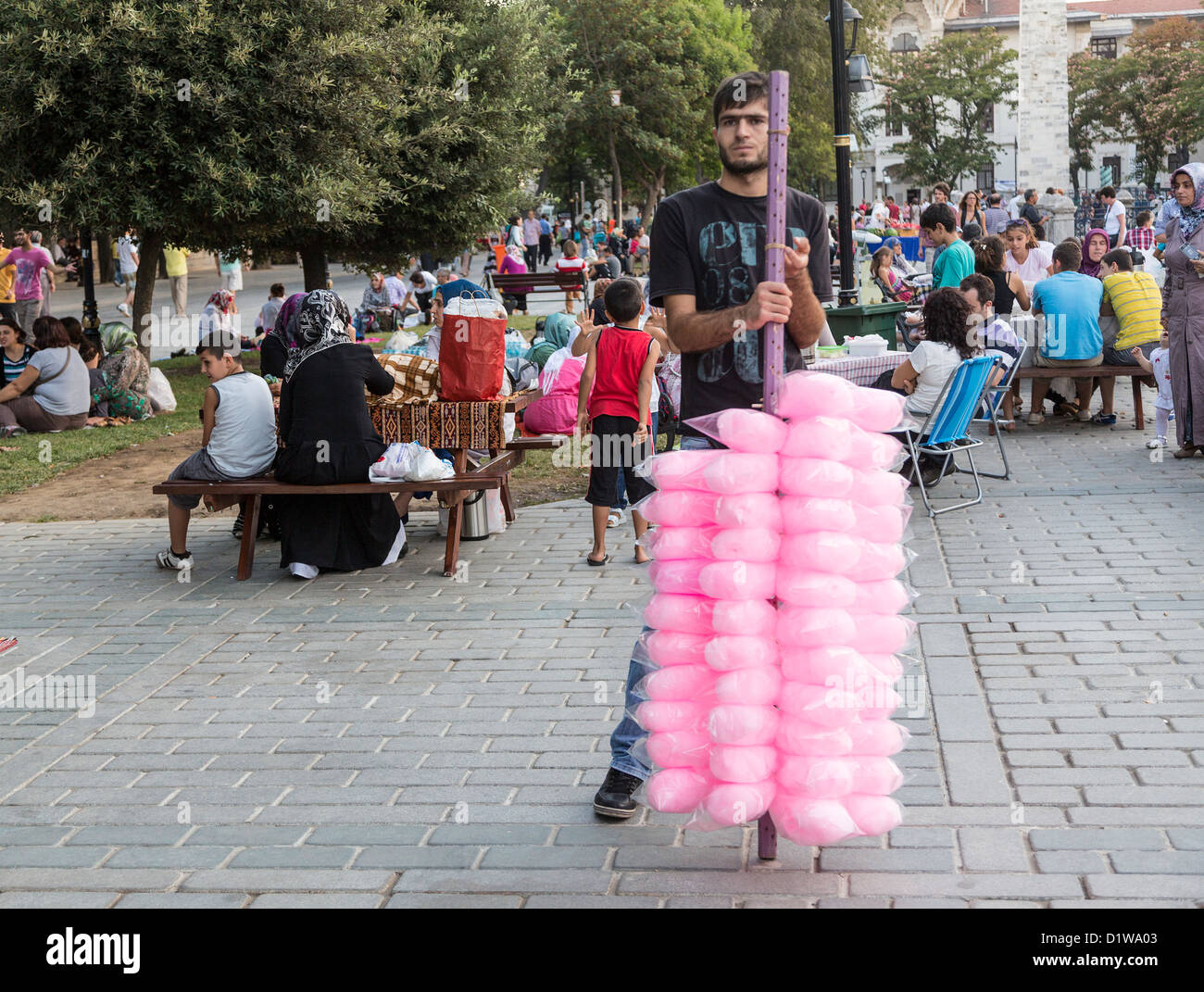 Seller of cotton candy floss, Sultan Ahmet Maydan, Istanbul, Turkey Stock Photo