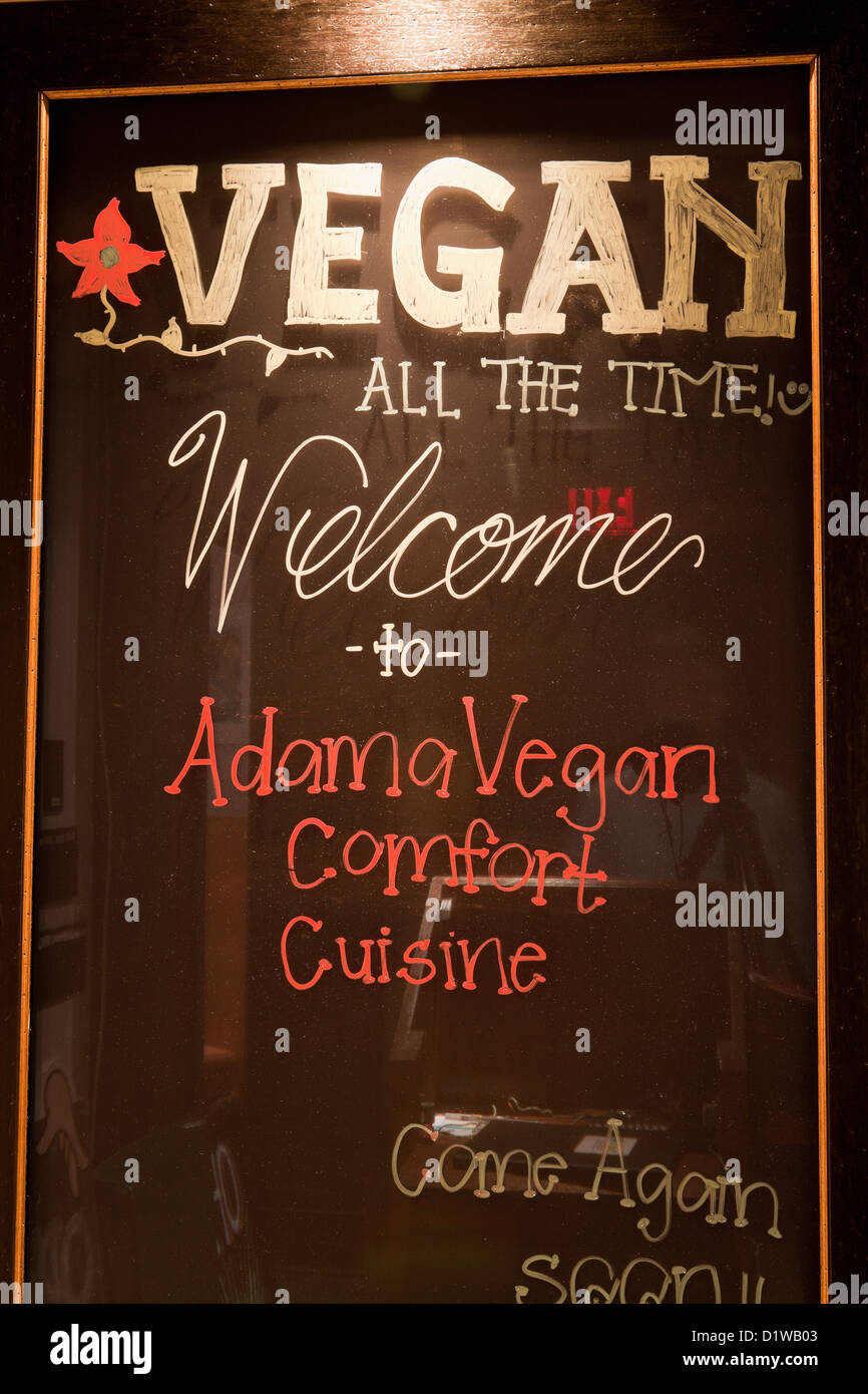 sign at Adama Vegan Restaurant, Santa Barbara, California, United States of America Stock Photo