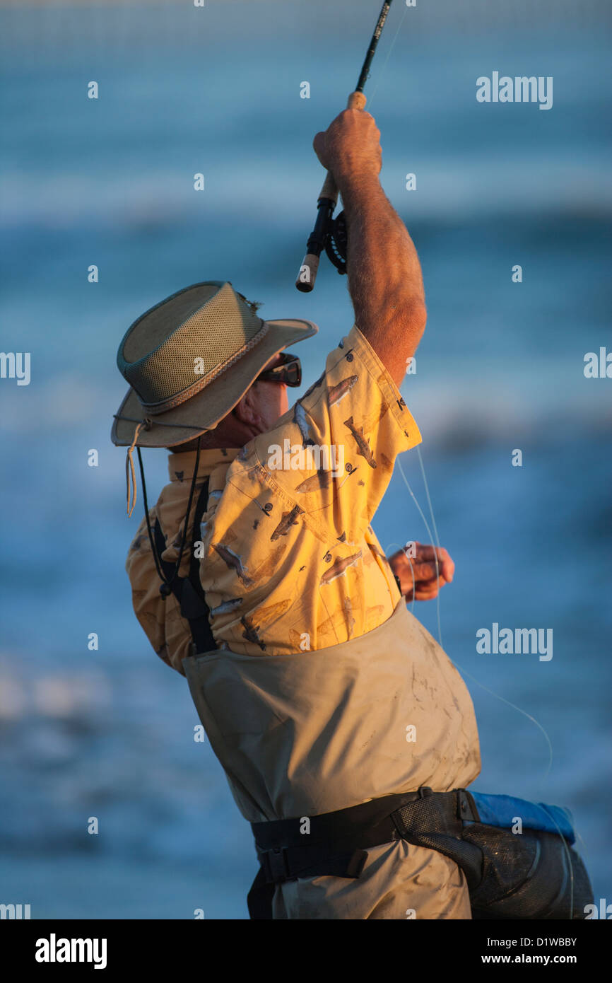 fly fisherman catching surf perch, La Conchita Beach near Carpinteria, California, United States of America Stock Photo