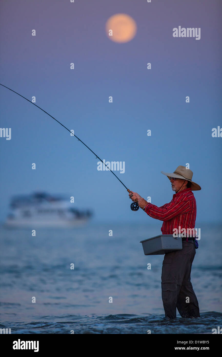 Saltwater flyfisherman casting for surf perch under a full moon, harbor sandbar, Santa Barbara, California Stock Photo