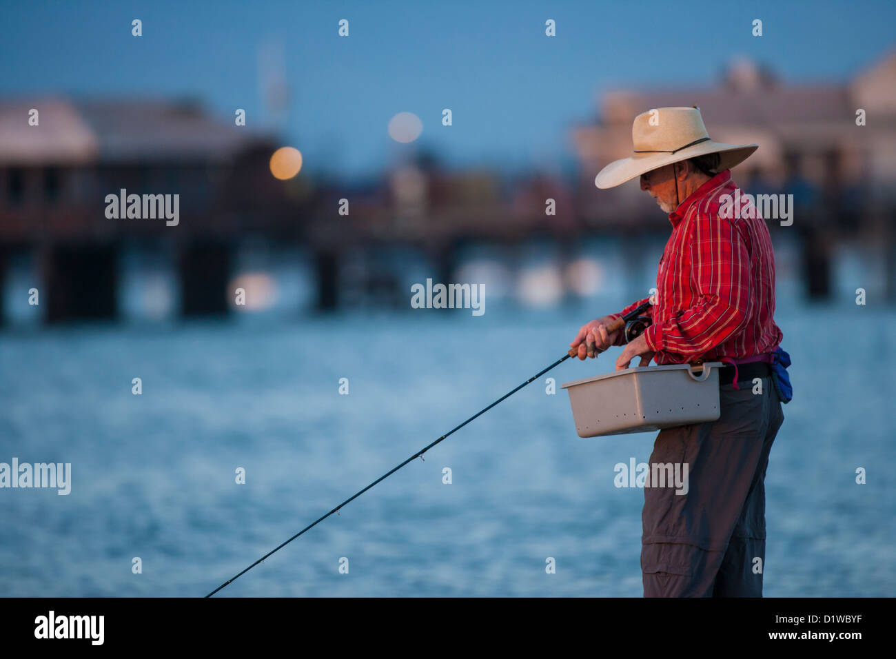Saltwater flyfisherman casting for surf perch with the wharf in the background, Santa Barbara, California Stock Photo