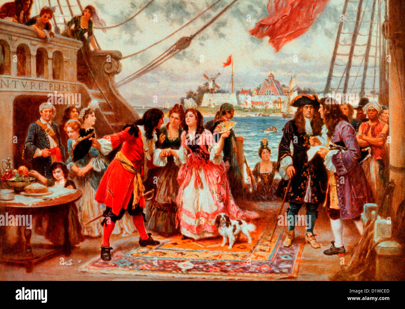 Captain Kidd in New York Harbor -  Captain William Kidd welcoming a young woman on board his ship; other men and women crowd the deck as another woman steps aboard. Stock Photo