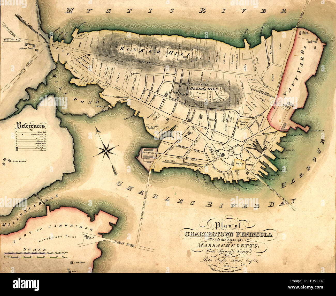 Plan of Charlestown peninsula in the state of Massachusetts 1818 Stock