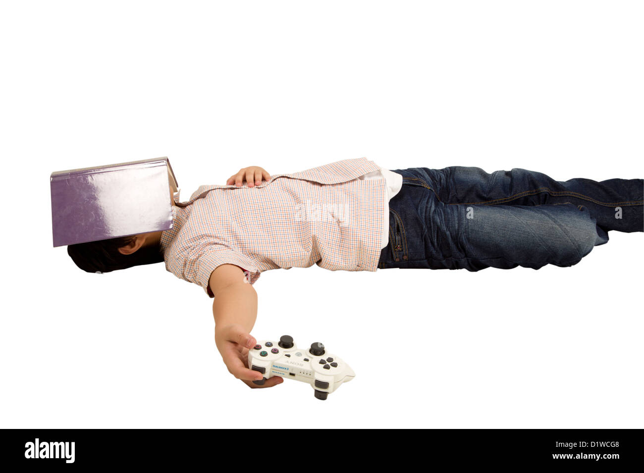 tired kid after playing video games and studying Stock Photo Alamy