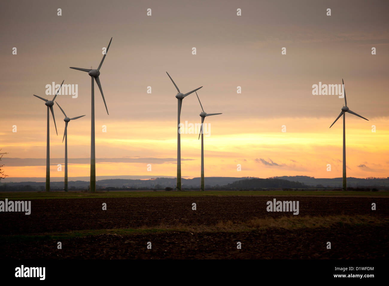 A wind turbine farm on the outskirts of Mablethorpe, Lincolnshire, England, UK. Stock Photo