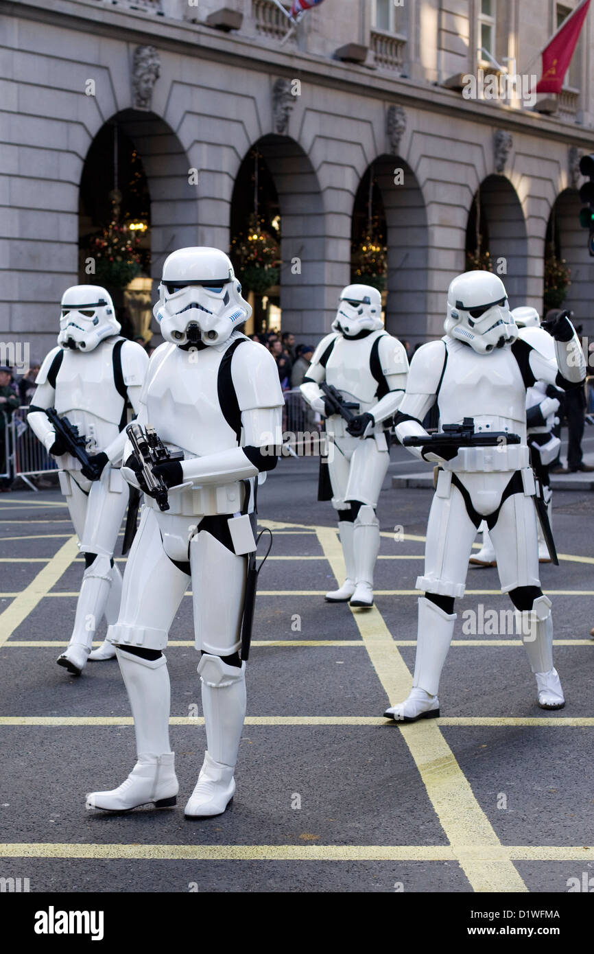 The Imperial Stormtroopers from star wars walking through the streets