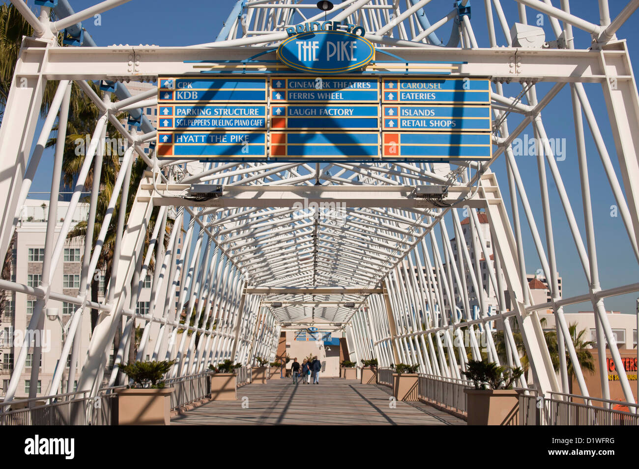 bridge to entertainment destination The Pike at Rainbow Harbor, Long Beach, Los Angeles County, California, Stock Photo