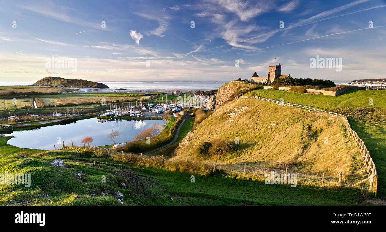 Uphill Marina, church and Brean Down, Weston super Mare, North Somerset