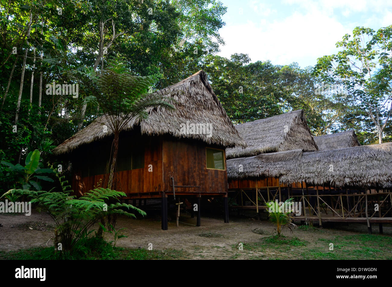 Tourist lodge along the Amazon river in Iquitos, Peru Stock Photo