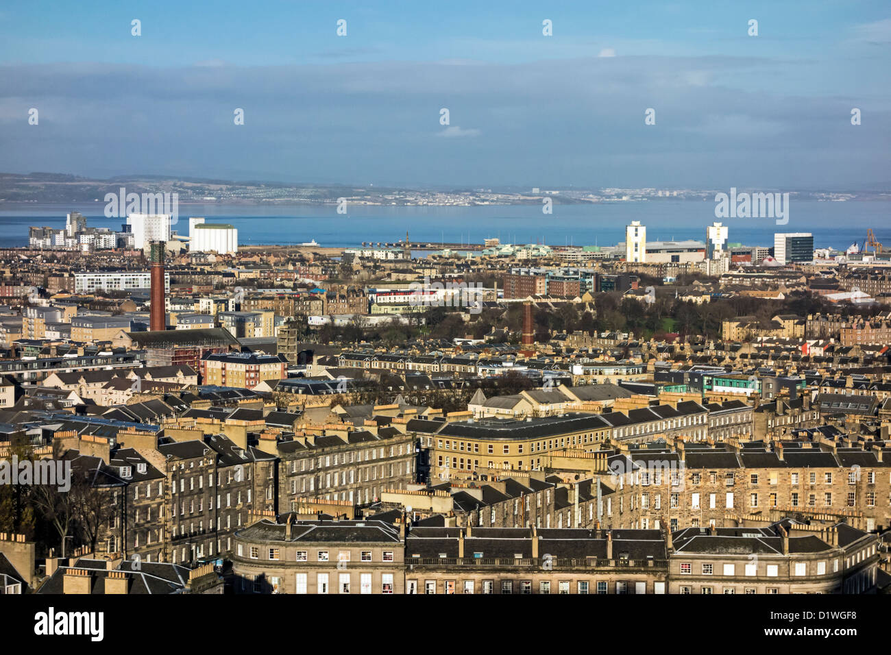 View towards Leith Harbour and the Firth of Forth  from Calton Hill in Edinburgh Scotland Stock Photo
