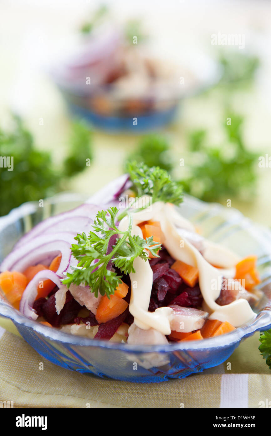 salad with roasted vegetables and salted herring, close up Stock Photo