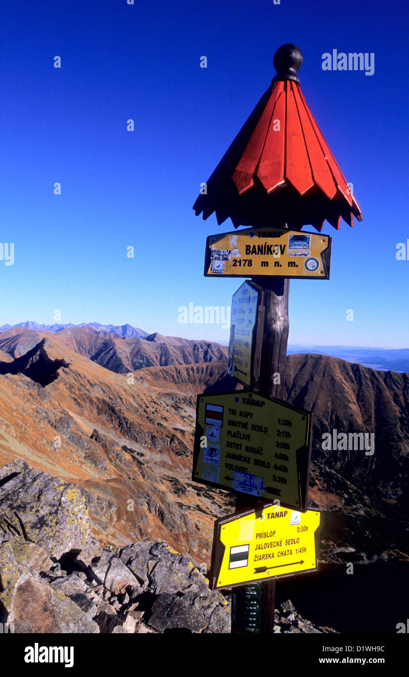 Tourist signpost at the summit of Banikov, Zapadne Tatry - Rohace, Slovakia. Stock Photo