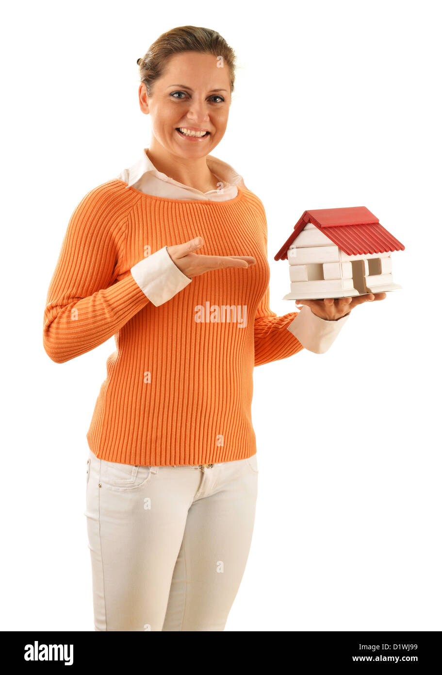 Real estate broker holding small house isolated on white Stock Photo