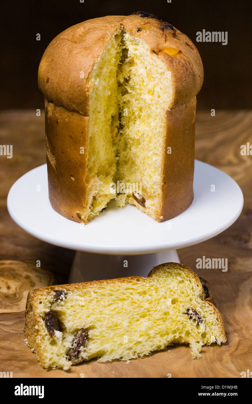 Panettone. A sweet bread loaf from Italy, traditionally eaten at Christmas and New Year. Stock Photo