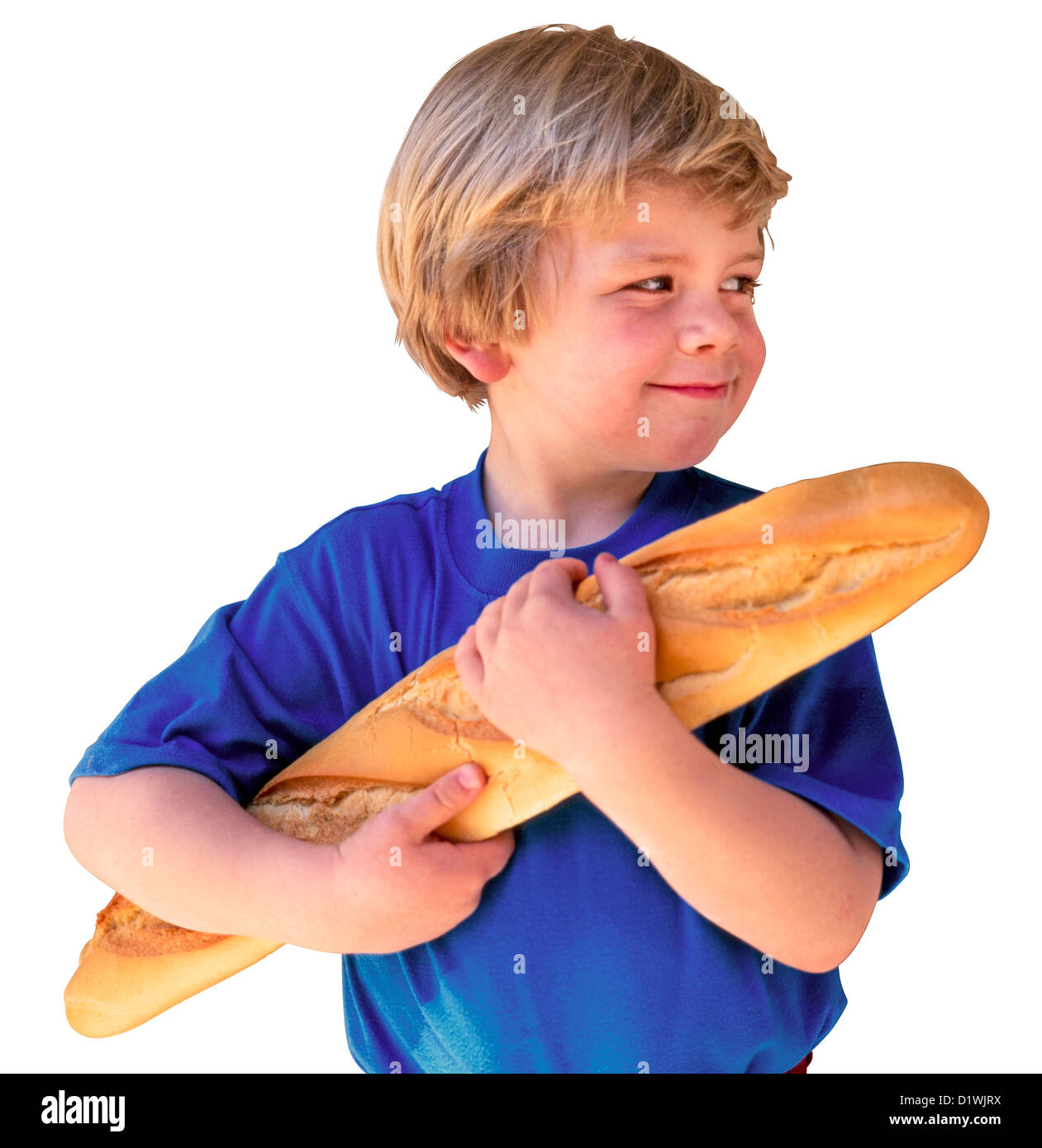 CUT OUT OF YOUNG BOY HOLDING FRENCH BREAD BAGUETTE Stock Photo