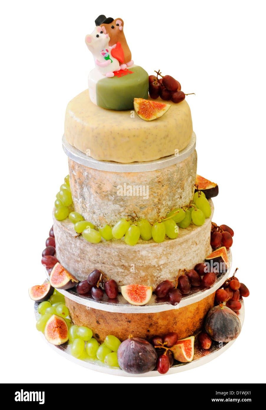 CUT OUT OF CHEESE CELEBRATION WEDDING CAKE Stock Photo