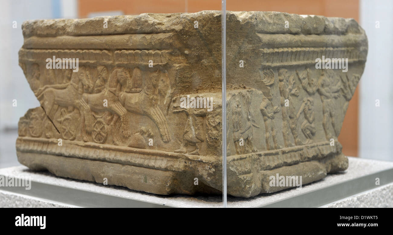 Base of Etruscan grave marker with reliefs about funerary games. Early 5th century BC. Detail. Museum of Fine Arts. Budapest. Stock Photo