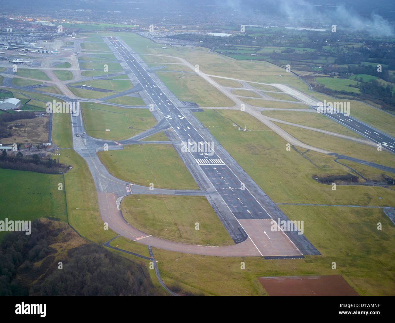 Manchester Airport Runway, from the air, North West England Stock Photo