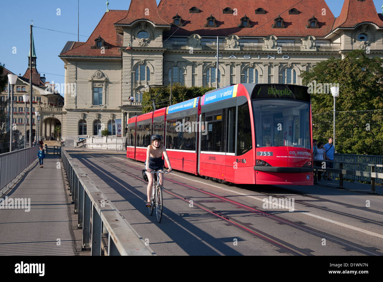 Kirchenfeldbrucke Bridge with Casino, Tram and Cyclist, Bern, Switzerland, Europe Stock Photo