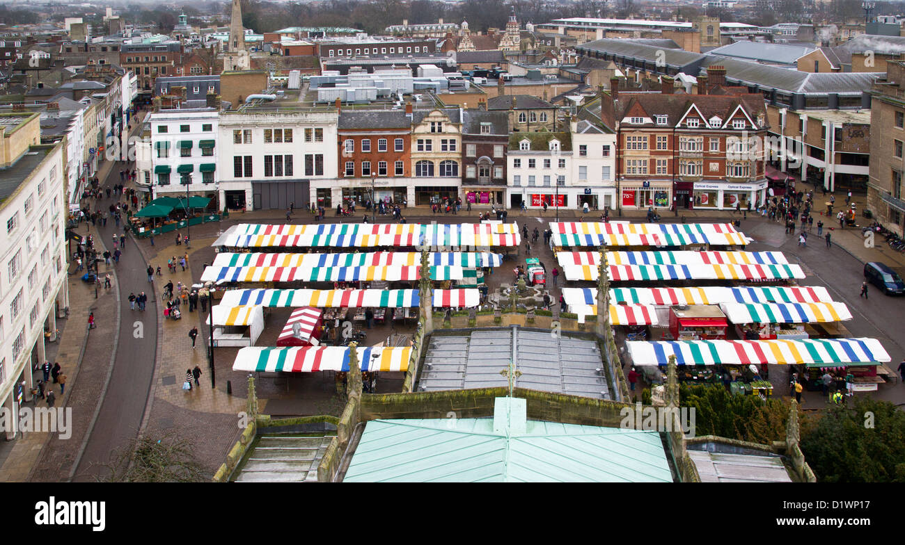 Market Place Cambridge Market. View from the top of Great St Mary's Church in Central Cambridge.  Winter Scene. Stock Photo