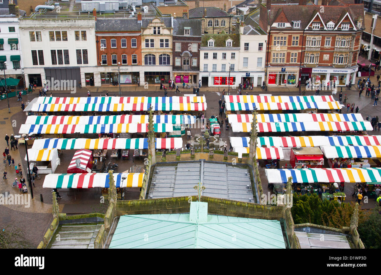 Market Place Cambridge. View from the top of Great St Mary's Church in Central Cambridge.  Winter Scene. Stock Photo