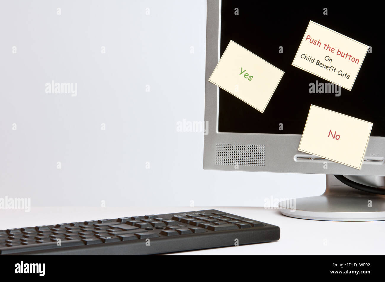 A computer monitor with post it notes stuck to the screen about child