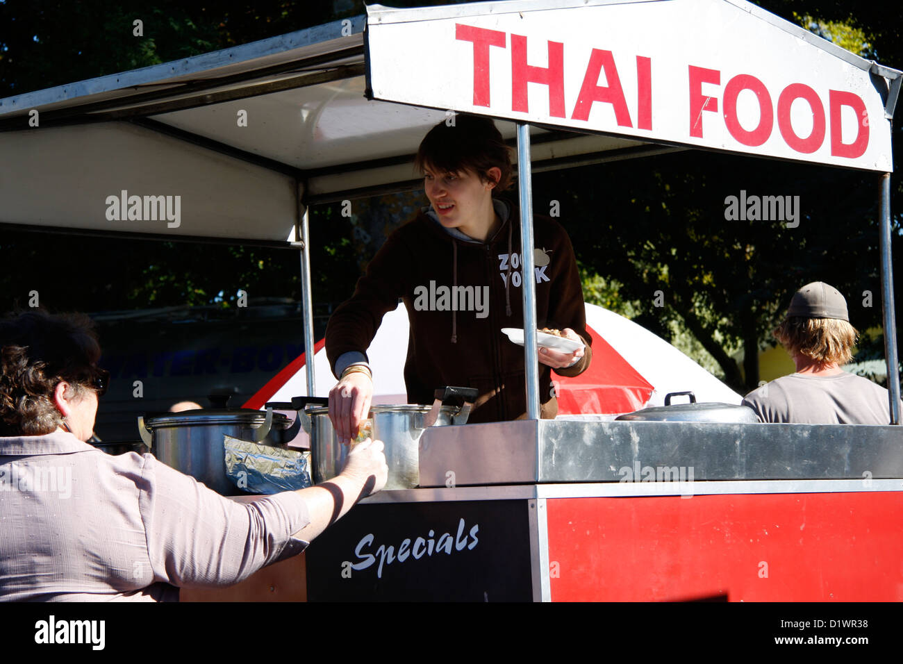 A Thai food stall at Mapua Fair. Mapua's annual fair coincides with Easter and is a popular event in the region of Nelson. Stock Photo