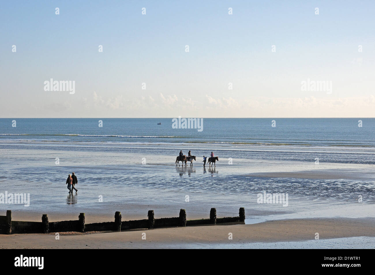 Riders and walkers on West Wittering Beach. Low tide. November Stock Photo Alamy