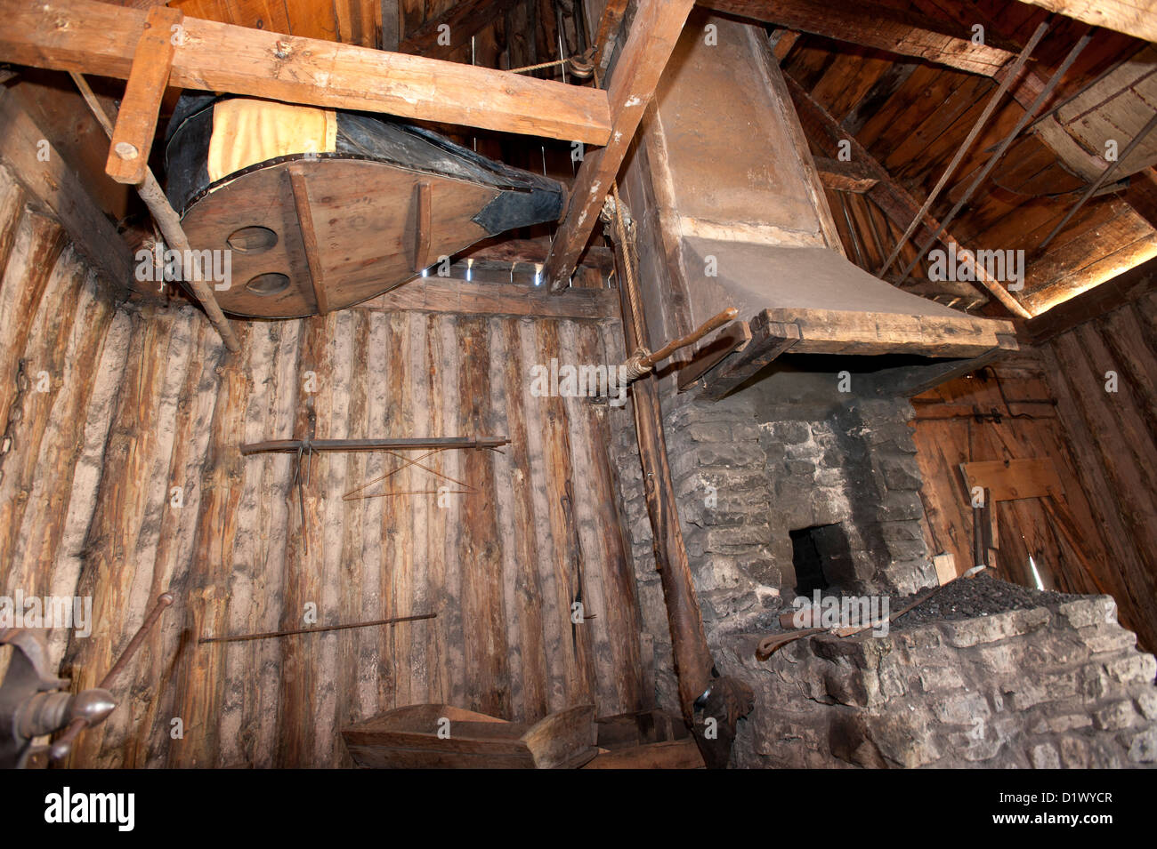 Replica of blacksmith shop found in a 17th century French Jesuit Mission. Stock Photo