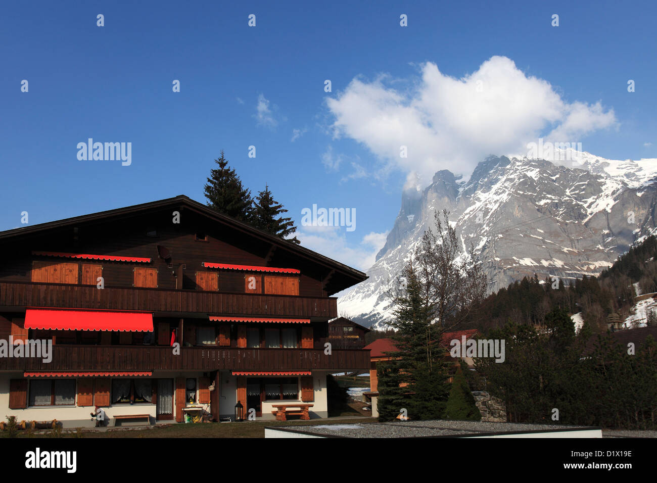 Swiss Chalet homes, ski resort of Grindelwald, Swiss Alps, Jungfrau