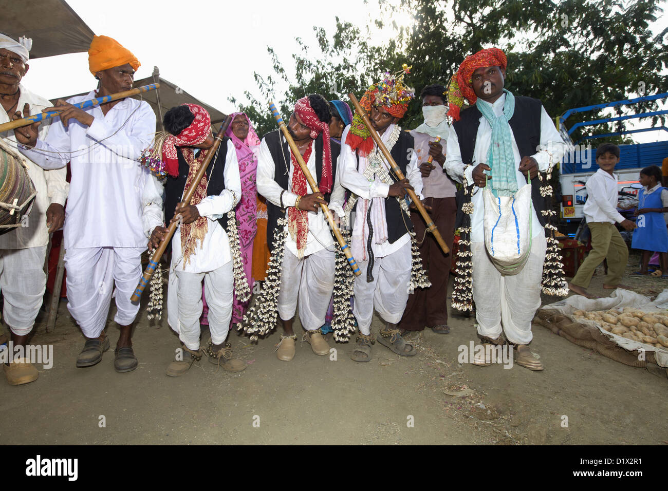 Korku musician with typical bamboo flutes and drums. Khalwa