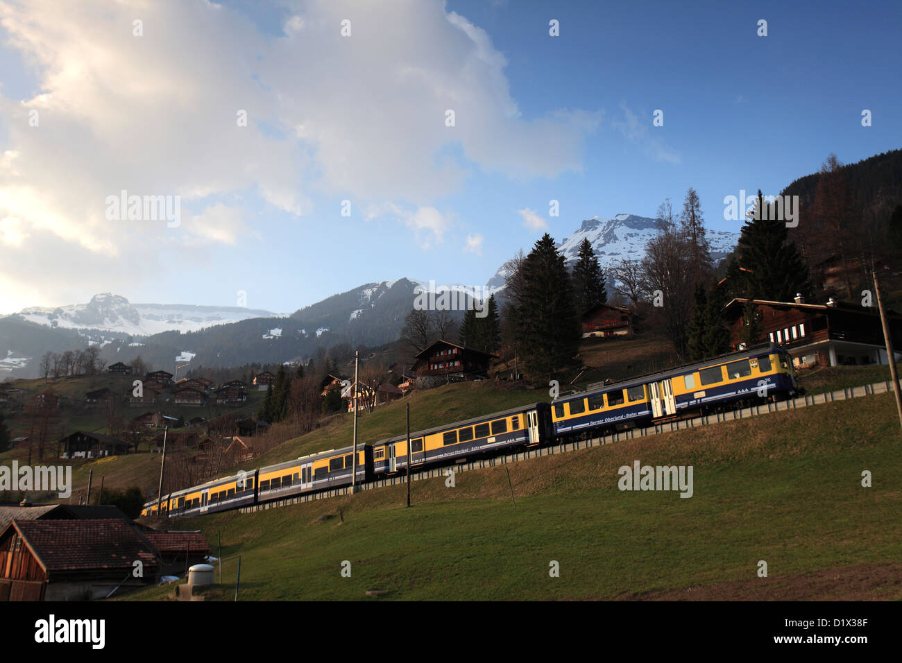 Swiss trains in the station, Grindelwald ski resort, Swiss Alps, Jungfrau Aletsch; Bernese Oberland; Switzerland; Europe Stock Photo