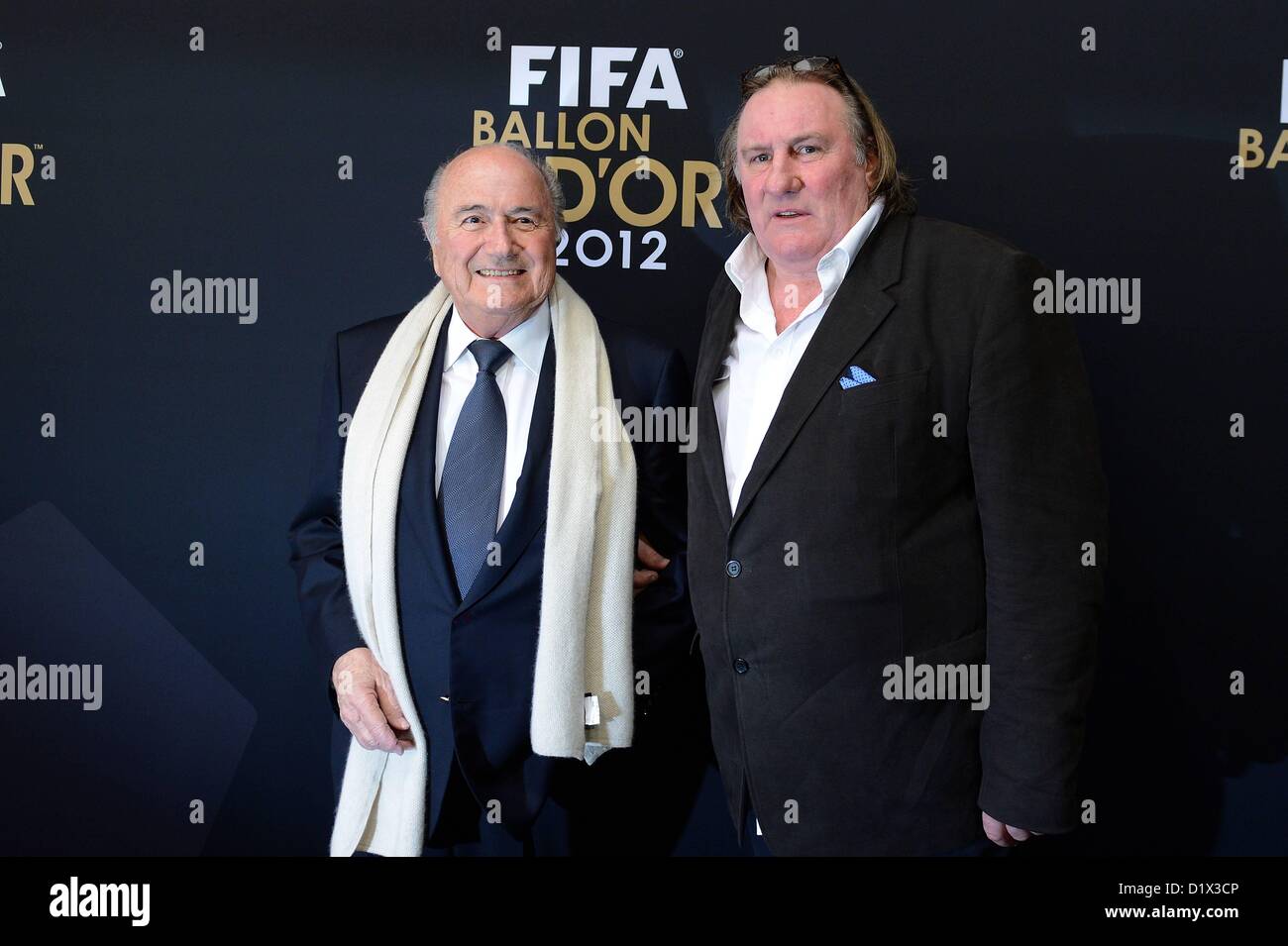 07.01.2013. Zurich, Switzerland.  FIFA Balloon D'Or 2012 FIFA Boss Sepp Blatter and Gerard Depardieu arrive for the Award ceremony Stock Photo