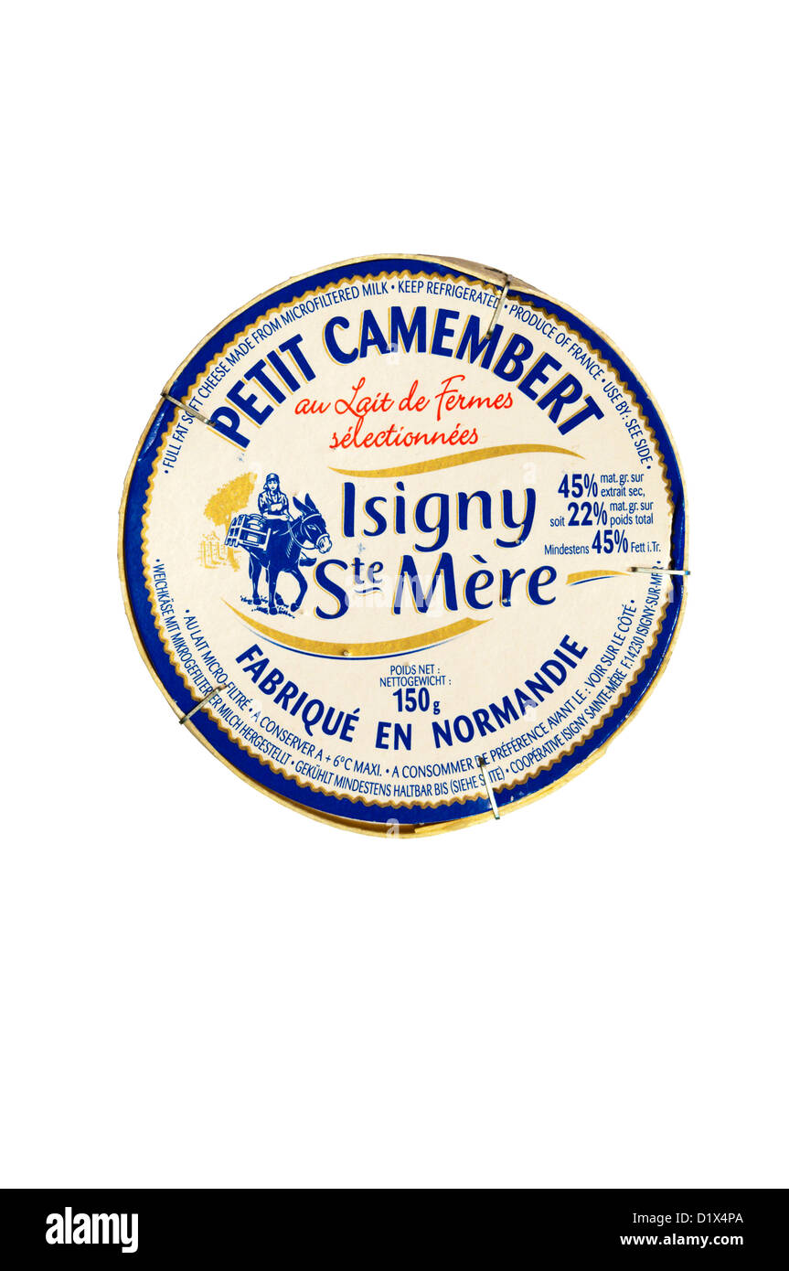 A box of Isigny Ste Mere camembert cheese from Normandy, France. Stock Photo