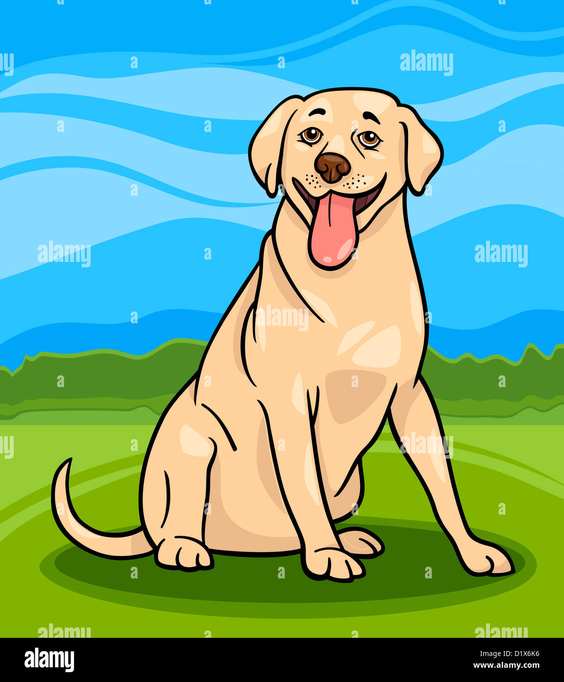 Cartoon Illustration of Funny Labrador Retriever Dog against Blue Sky and Rural Scene Stock