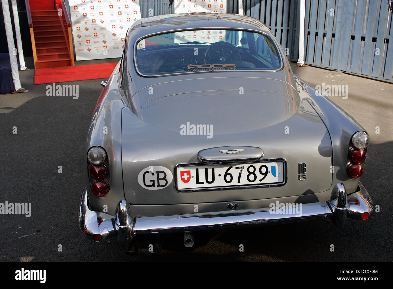 Rear view of the original James Bond Aston Martin DB5 (sporting Swiss number plates) clearly showing rear bullet deflector. Stock Photo