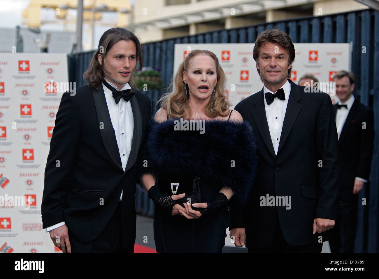 Ursula Andress with Harry Hamlin and their son, actor Dimitri Hamlin attend an event to celebrate her 70th birthday. Stock Photo