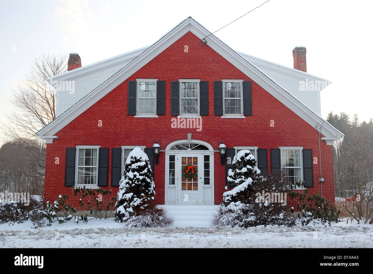 A winter view of a brick home in Chester, Vermont Stock Photo Alamy