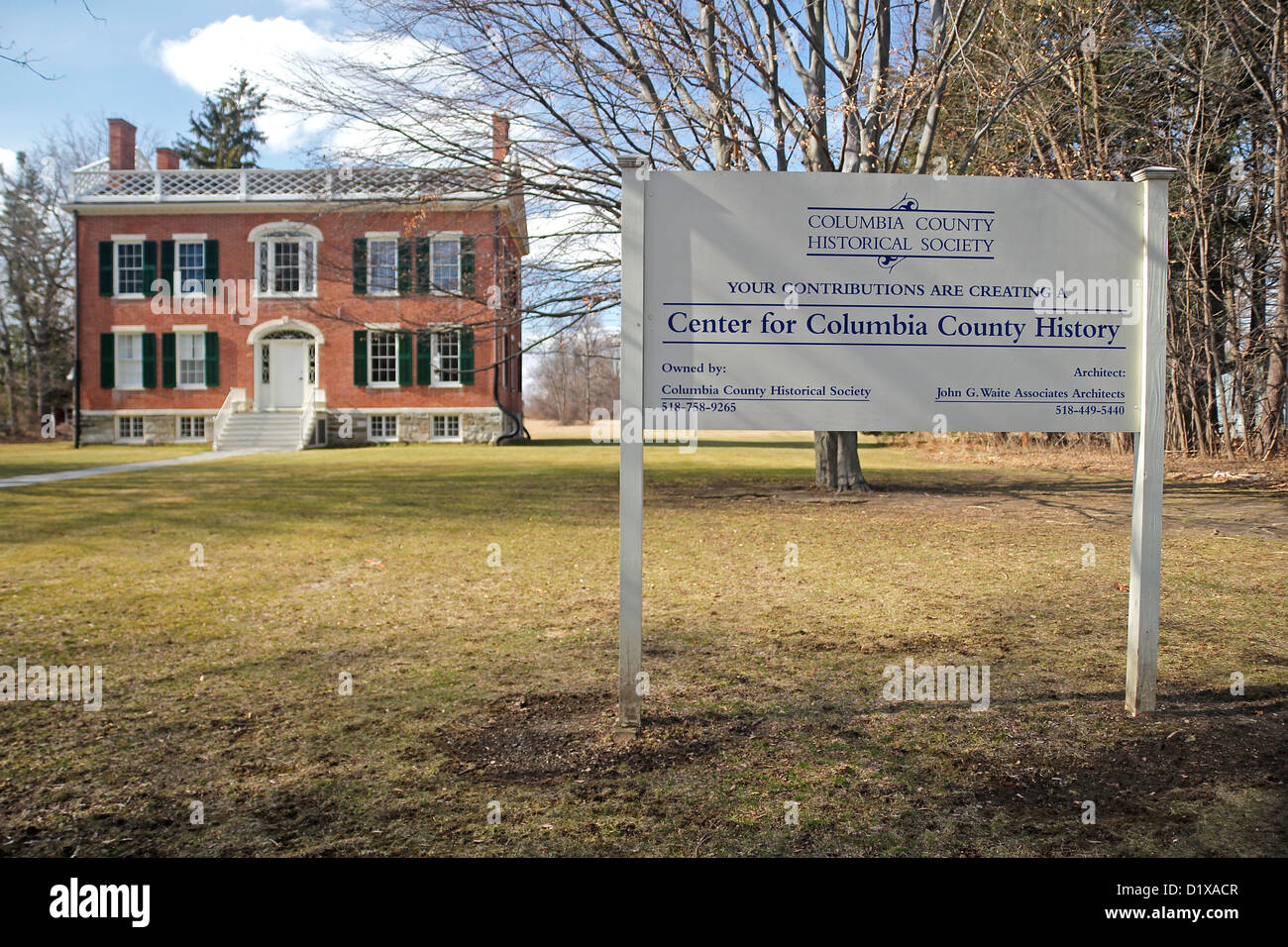 Center for Columbia County History sign in front of the Vanderpoel House of HIstory, Kinderhook, New York Stock Photo